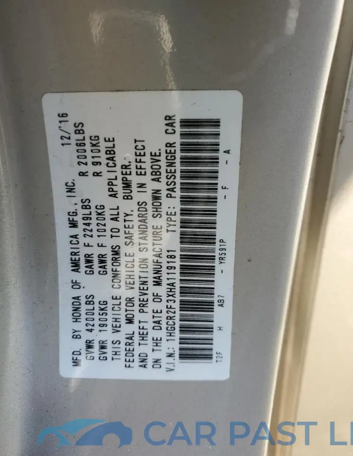 1HGCR2F3XHA119181# 12