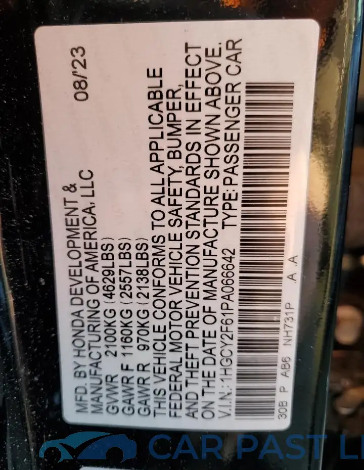 1HGCY2F61PA066642# 12