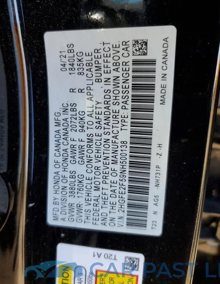 2HGFE2F59NH500138# 12