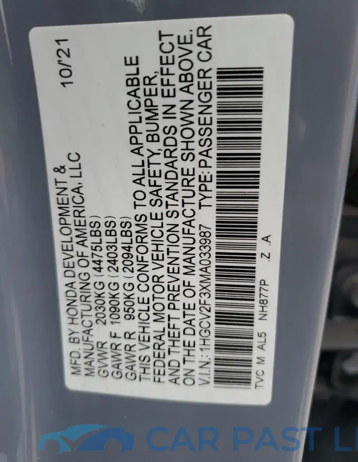 1HGCV2F3XMA033987# 12