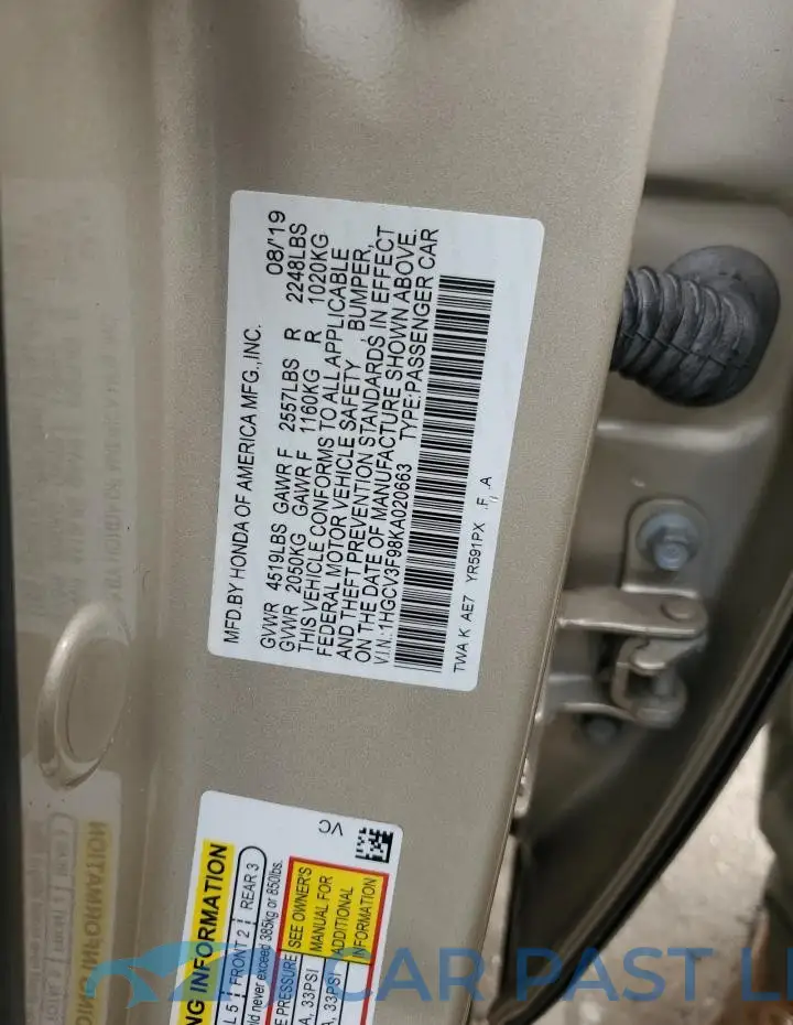 1HGCV3F98KA020663# 12
