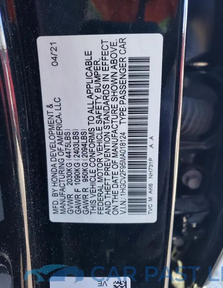 1HGCV2F95MA018124# 12