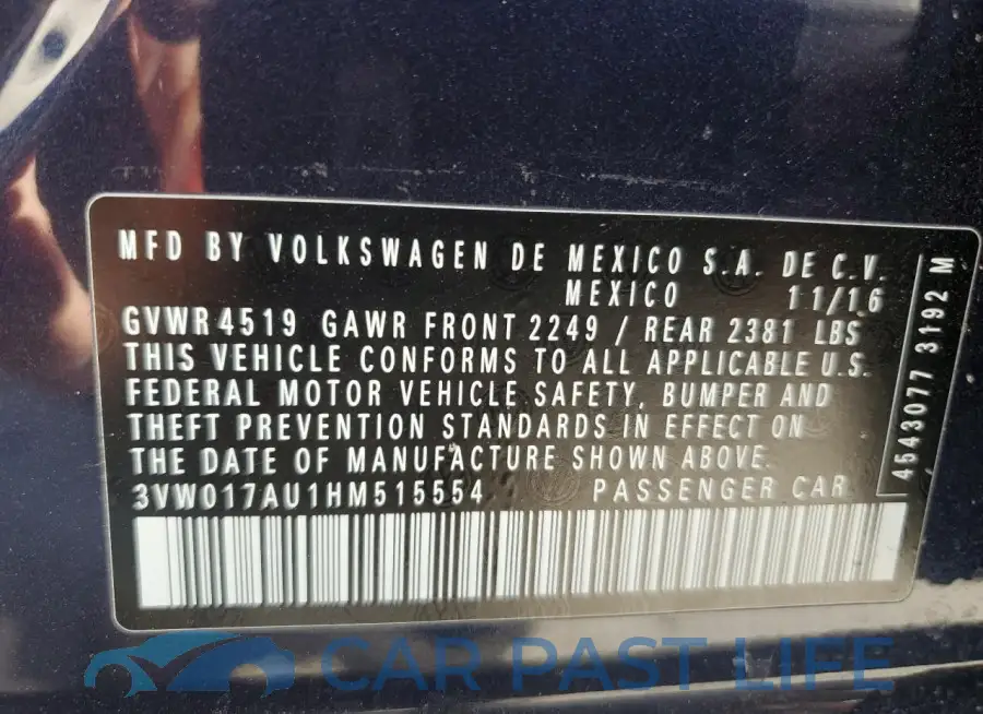 3VW017AU1HM515554# 12