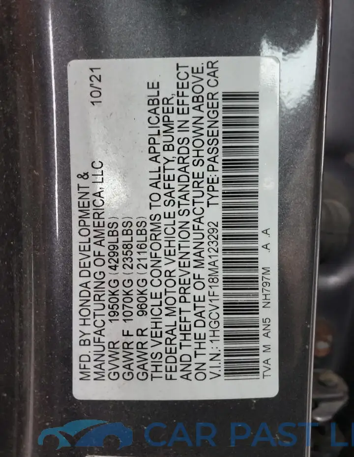 1HGCV1F18MA123292# 12