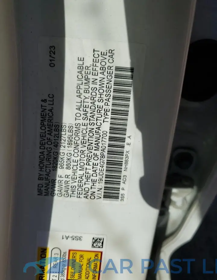 19UDE4G78PA017700# 12