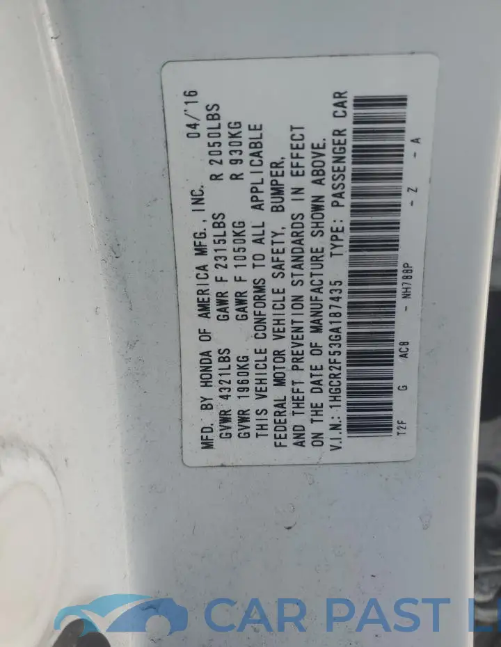 1HGCR2F53GA187435# 12