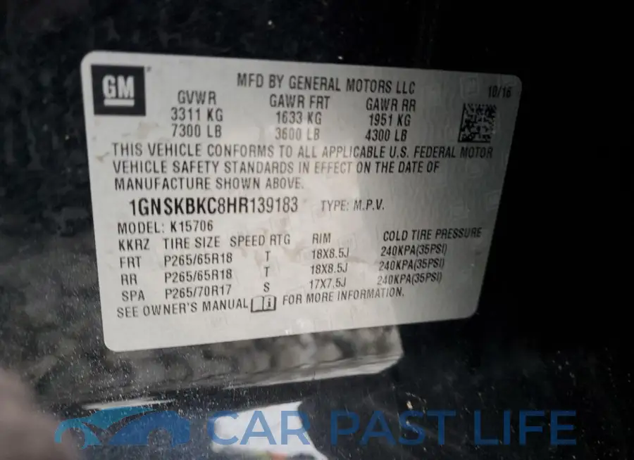 1GNSKBKC8HR139183# 13