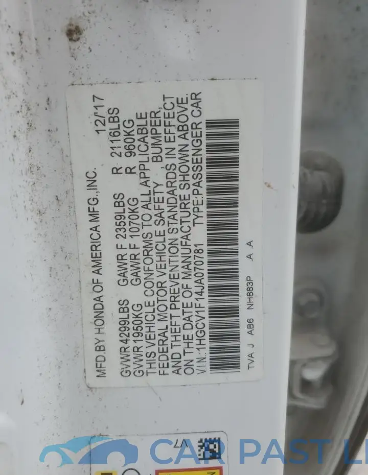 1HGCV1F14JA070781# 12