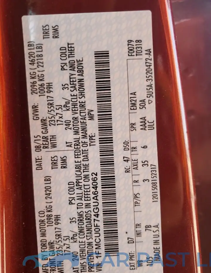 1FMCU0F74GUA64062# 13