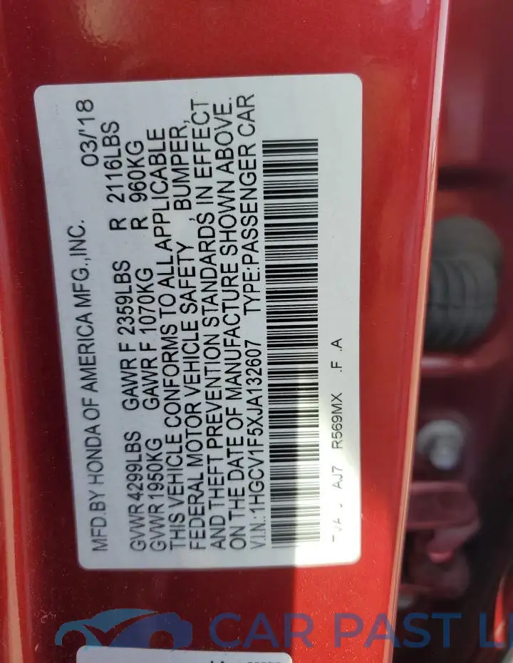 1HGCV1F5XJA132607# 12