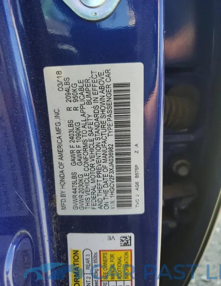 1HGCV2F3XJA036982# 12