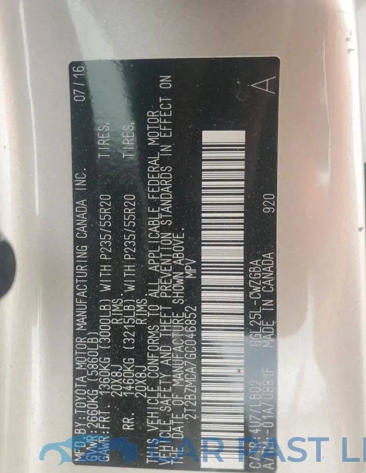 2T2BZMCA7GC046852# 13