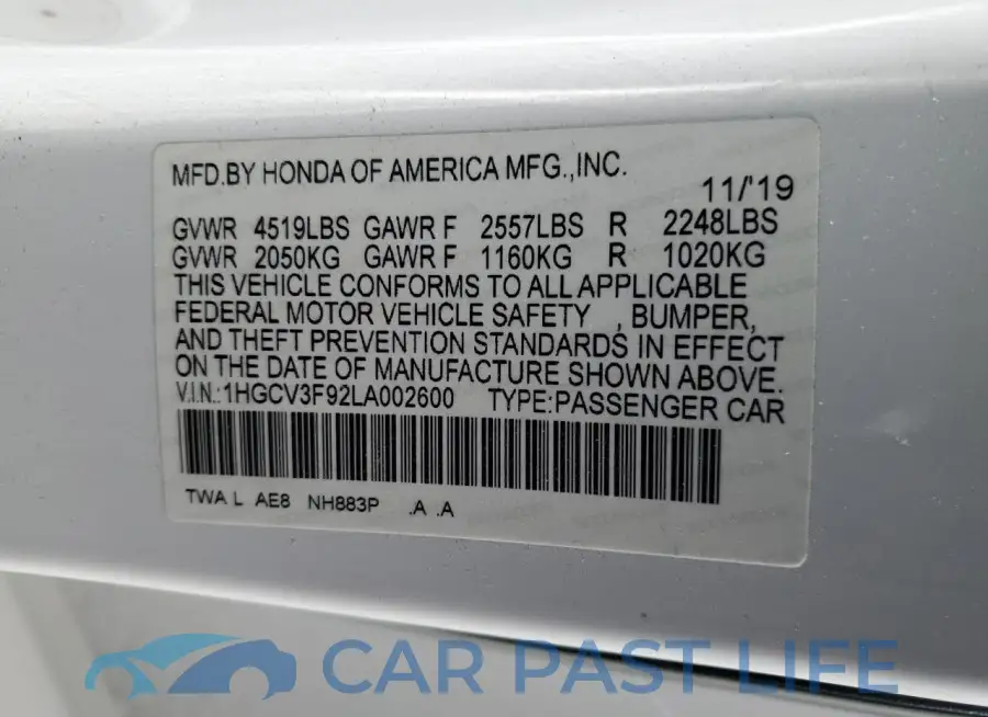 1HGCV3F92LA002600# 13