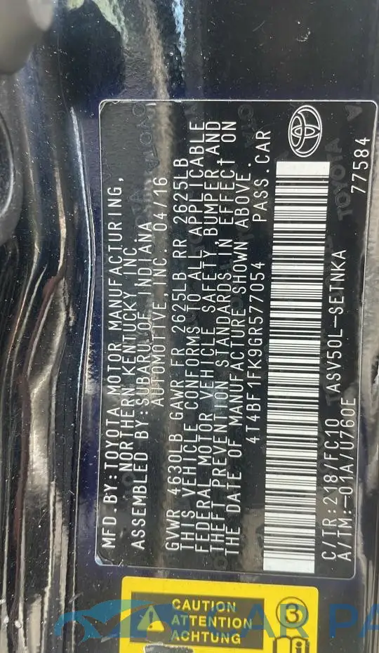 4T4BF1FK9GR57705# 10