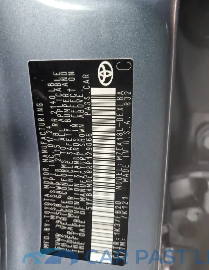 5YFB4MDE8RP129066# 12