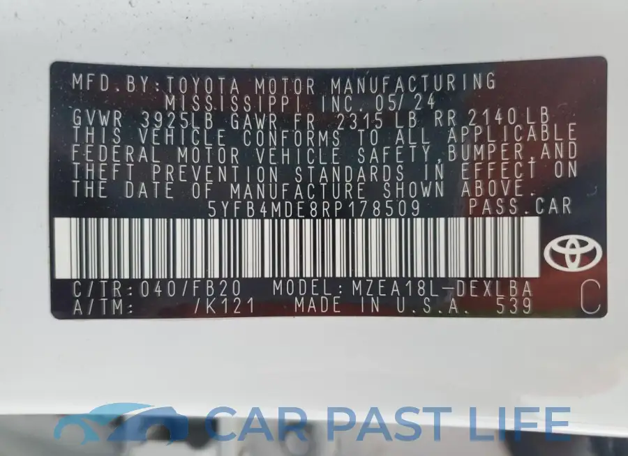 5YFB4MDE8RP178509# 12