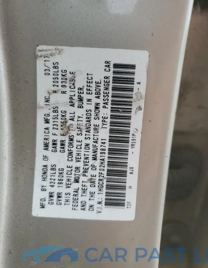 1HGCR2F02HA198741# 12