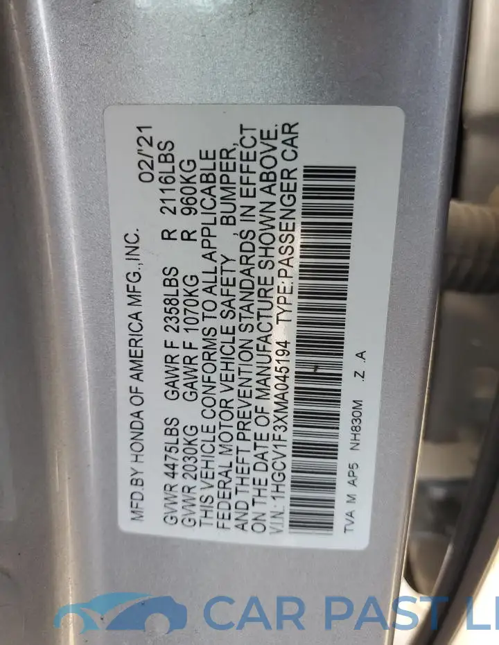 1HGCV1F3XMA045194# 12
