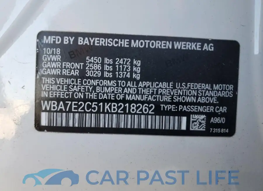 WBA7E2C51KB218262# 13