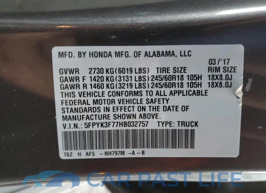 5FPYK3F77HB032757# 12