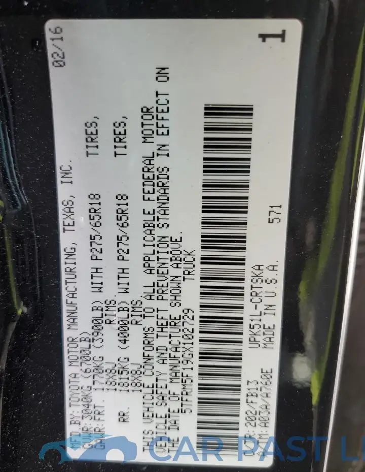 5TFRM5F19GX102729# 12