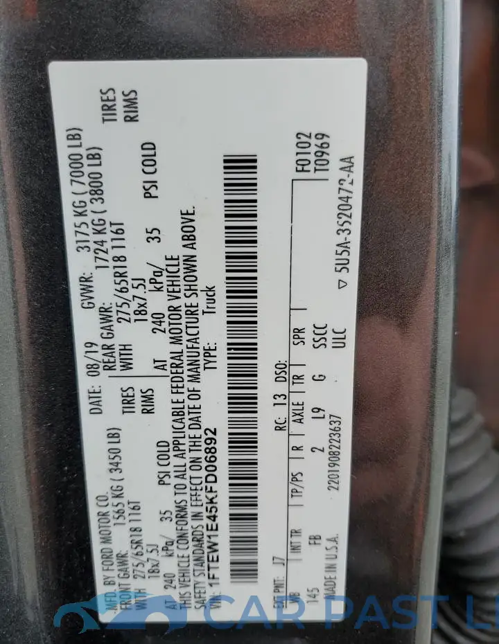 1FTEW1E45KFD06892# 12