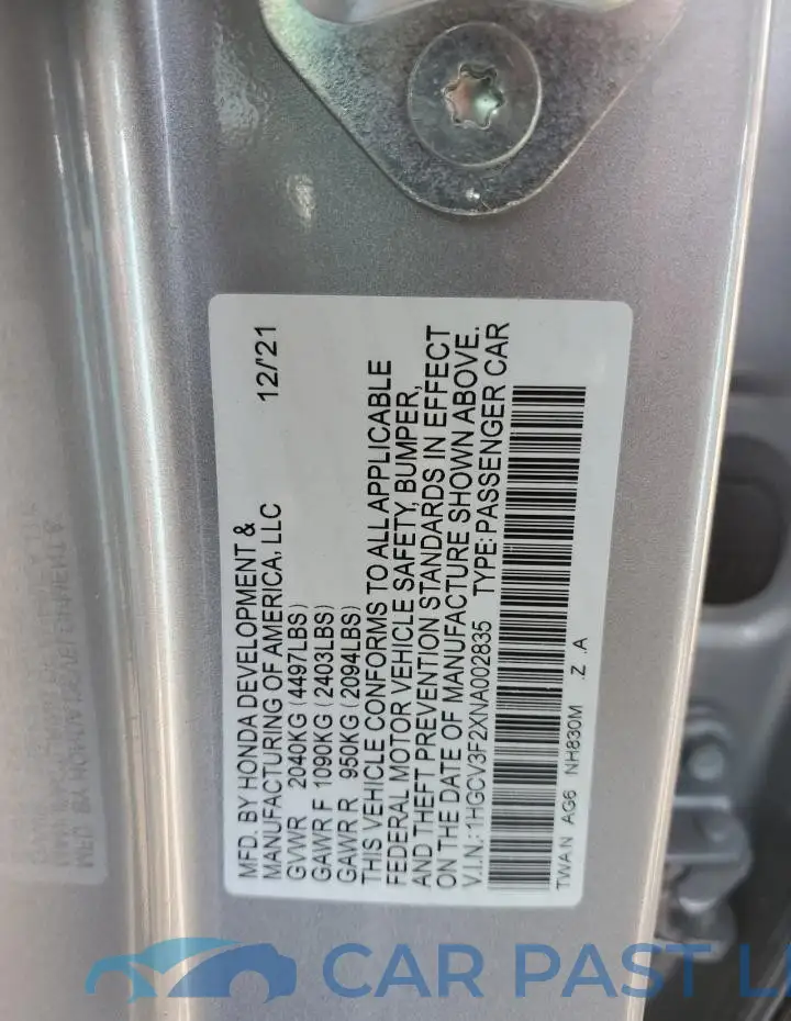 1HGCV3F2XNA002835# 12