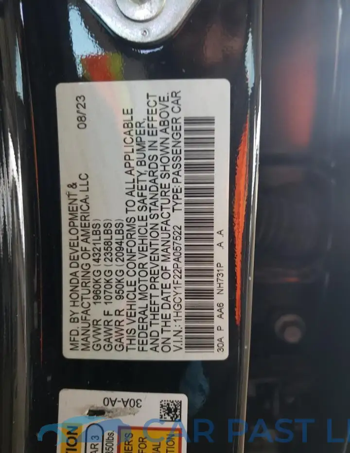 1HGCY1F22PA057522# 12