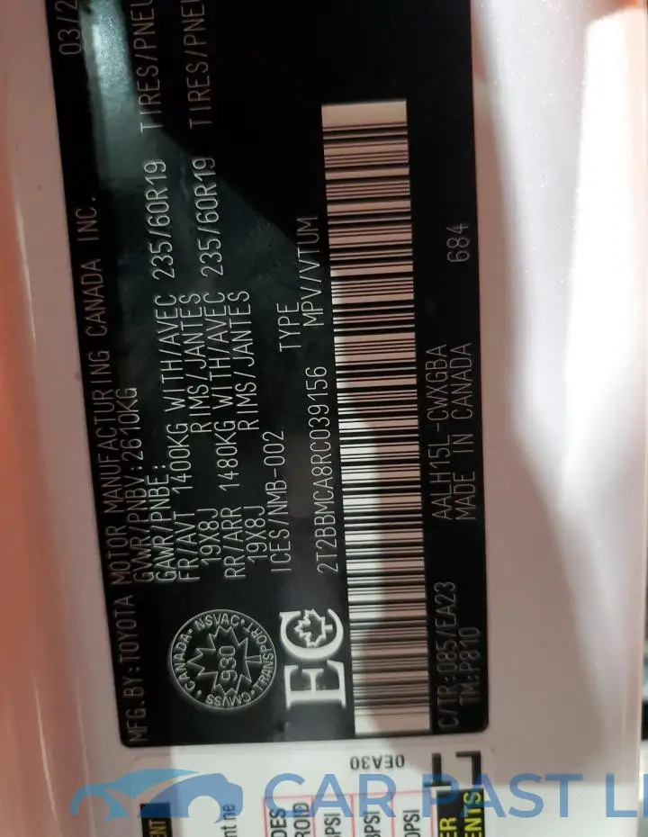 2T2BBMCA8RC039156# 12
