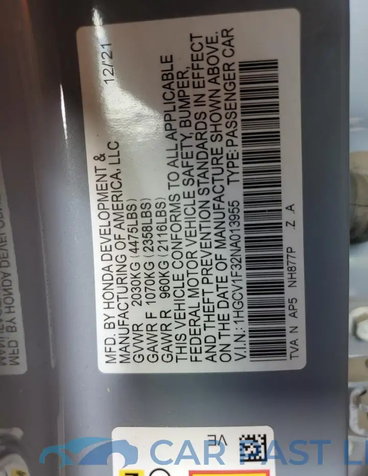 1HGCV1F32NA013955# 12