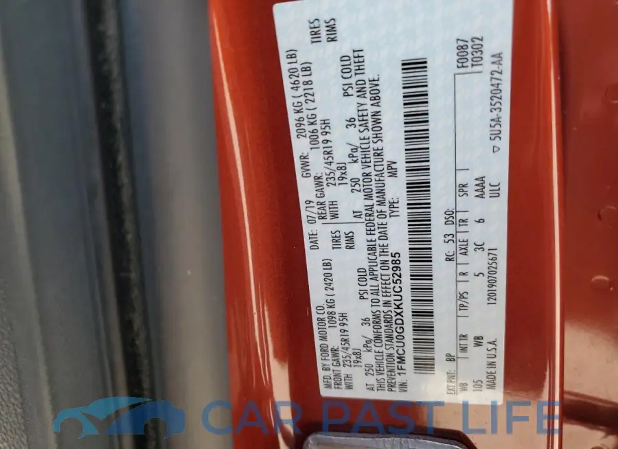 1FMCU0GDXKUC52985# 12