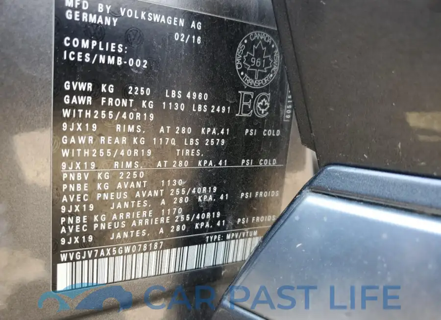 WVGJV7AX5GW078187# 14