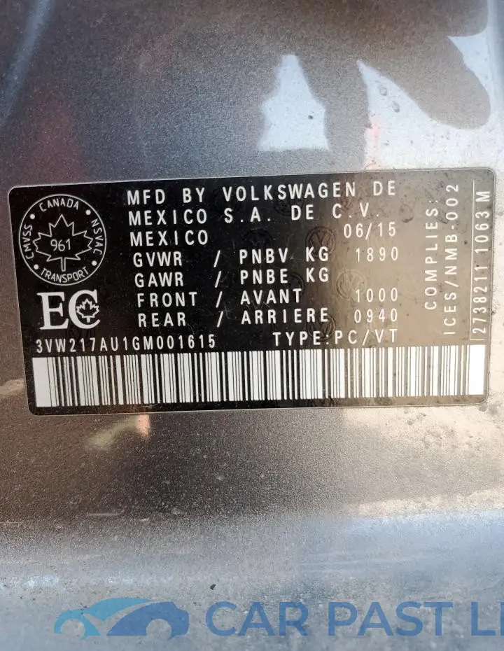 3VW217AU1GM001615# 12