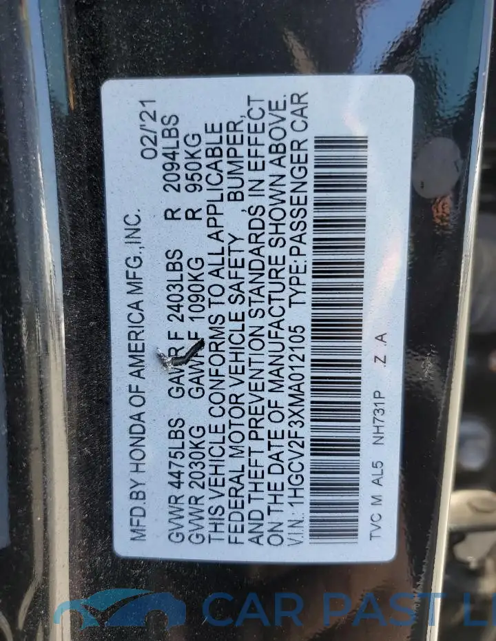 1HGCV2F3XMA012105# 12