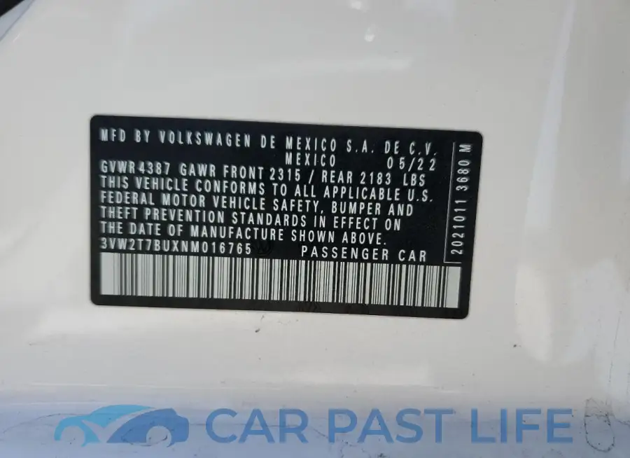 3VW2T7BUXNM016765# 12