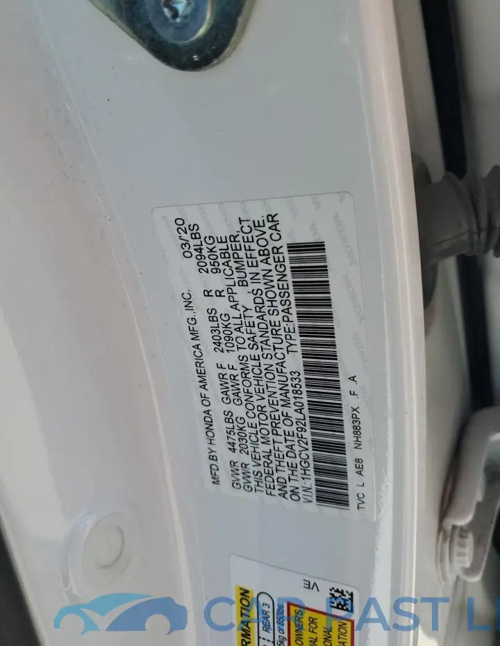 1HGCV2F92LA018533# 12