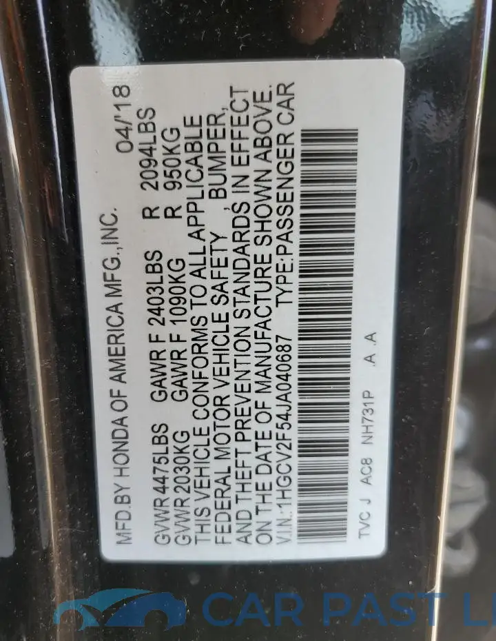 1HGCV2F54JA040687# 12