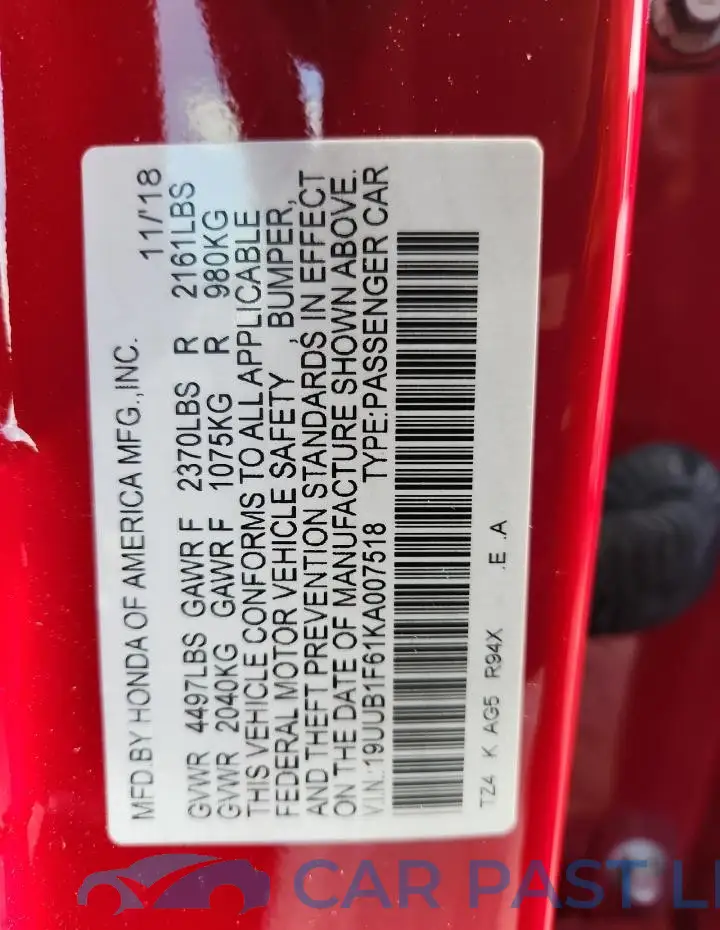 19UUB1F61KA007518# 12