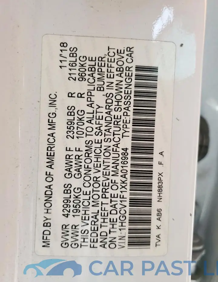 1HGCV1F1XKA016984# 12