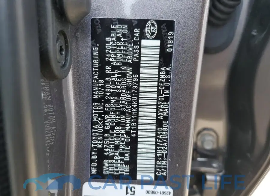 4T1B11HK4KU179796# 13