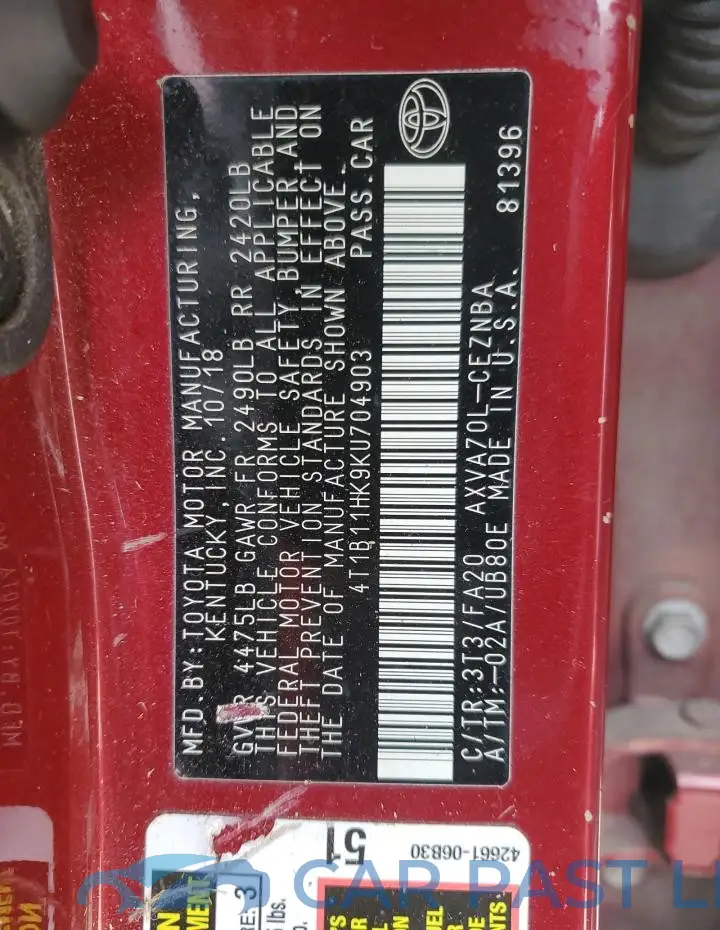 4T1B11HK9KU704903# 12
