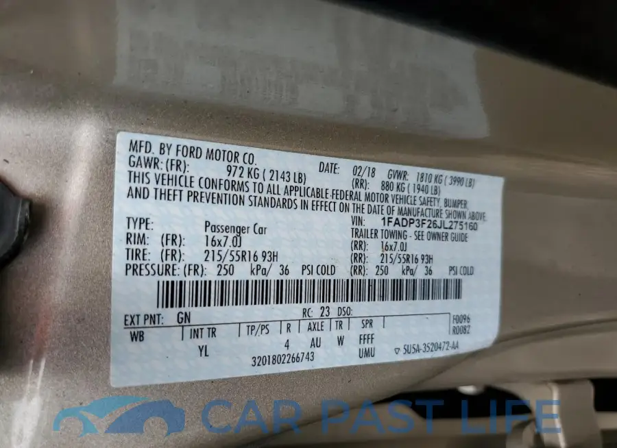 1FADP3F26JL275160# 12