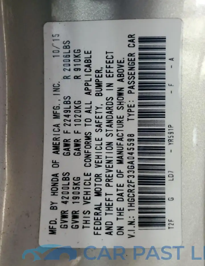 1HGCR2F33GA045598# 13