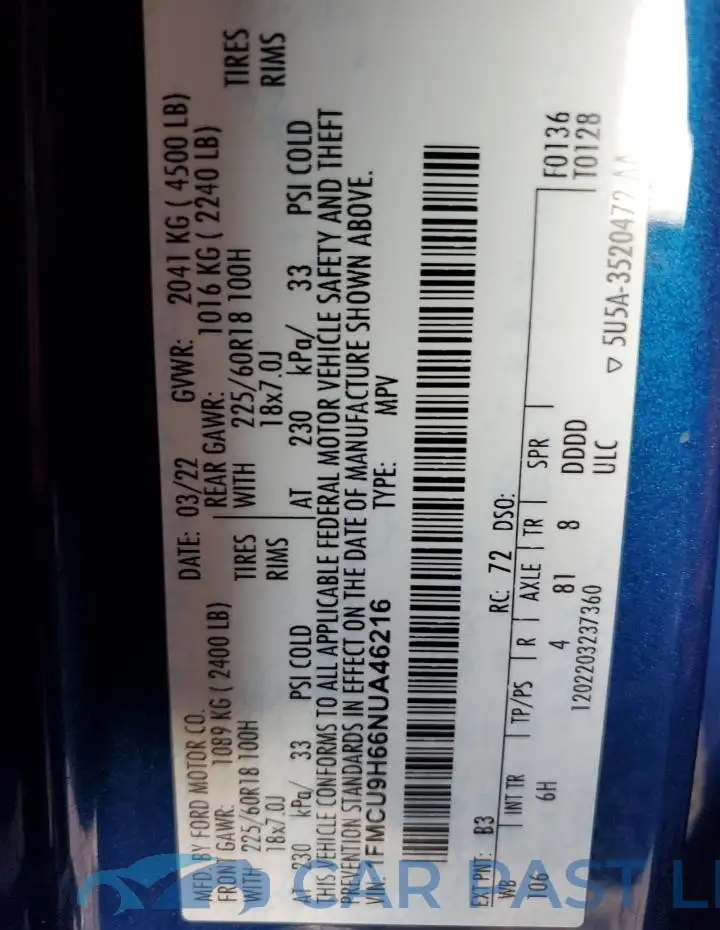 1FMCU9H66NUA46216# 13