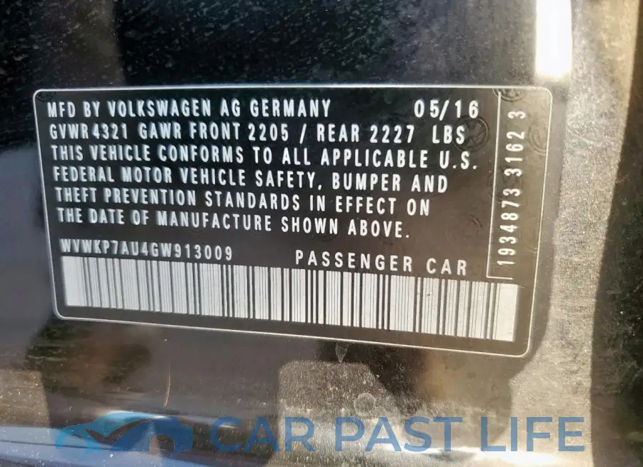 WVWKP7AU4GW913009# 13
