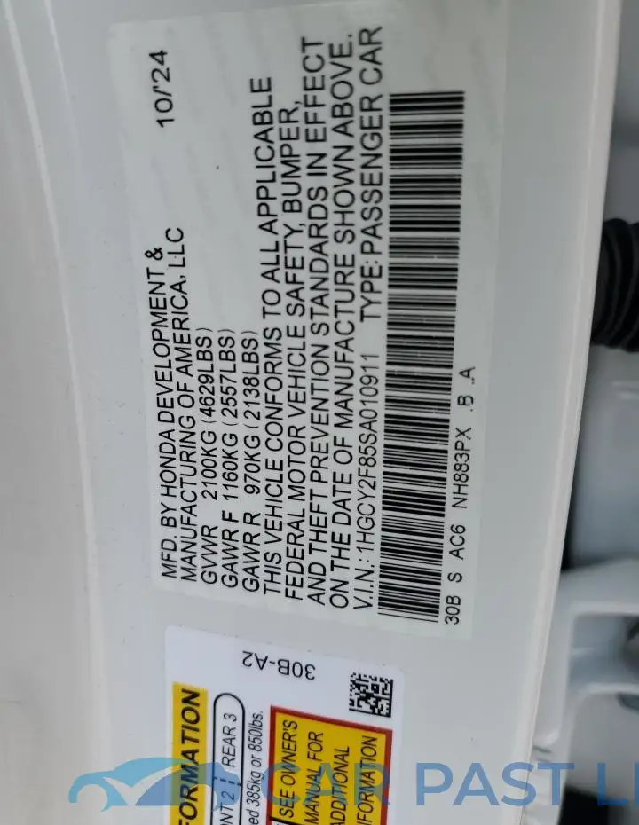 1HGCY2F85SA010911# 12