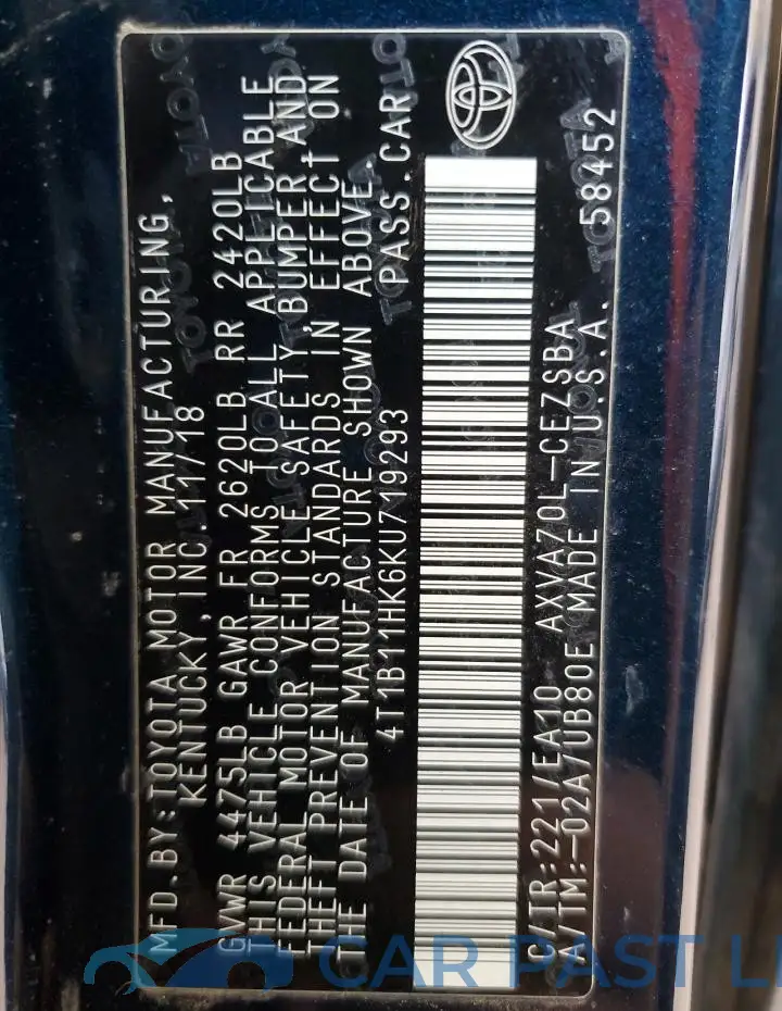 4T1B11HK6KU719293# 12