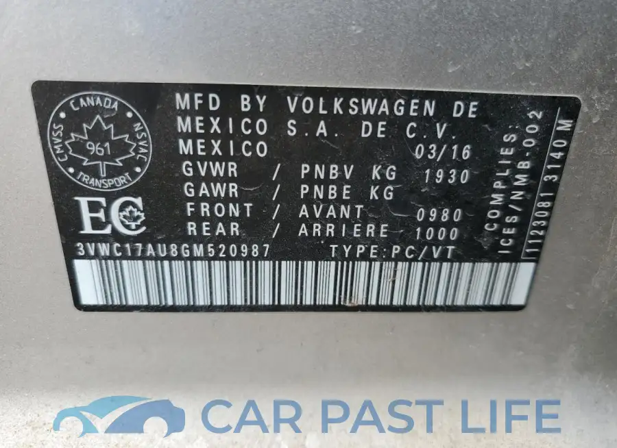 3VWC17AU8GM520987# 12