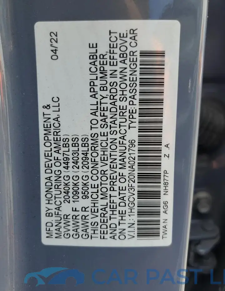 1HGCV3F20NA021796# 12