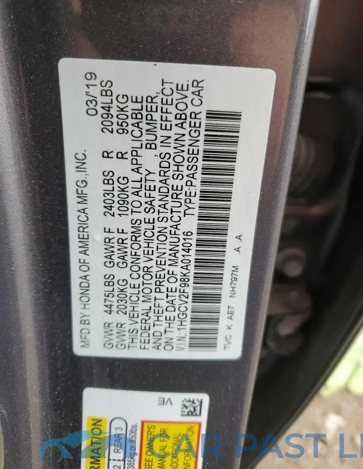 1HGCV2F98KA014016# 12